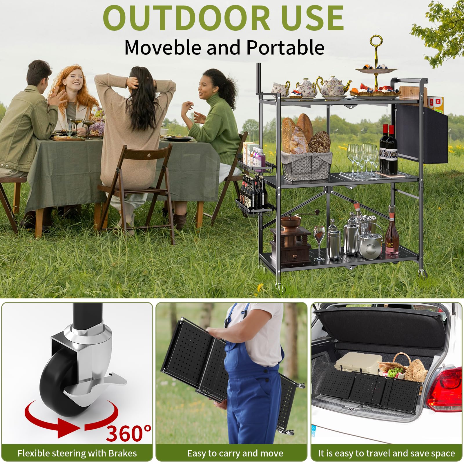 DTUQYX lower shelf loaded with gear, strong storage for heavy cookware benefit