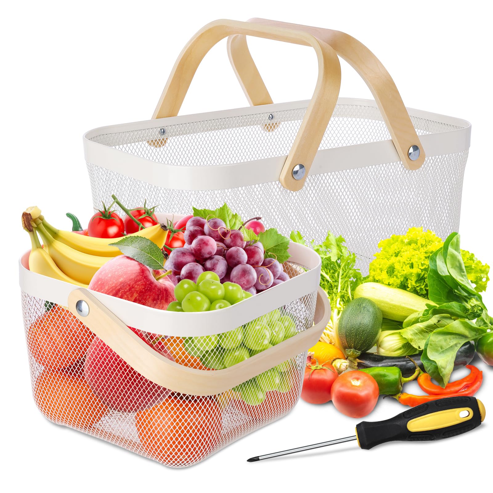 Dualshine front view of two white metal mesh baskets showing set and design benefits