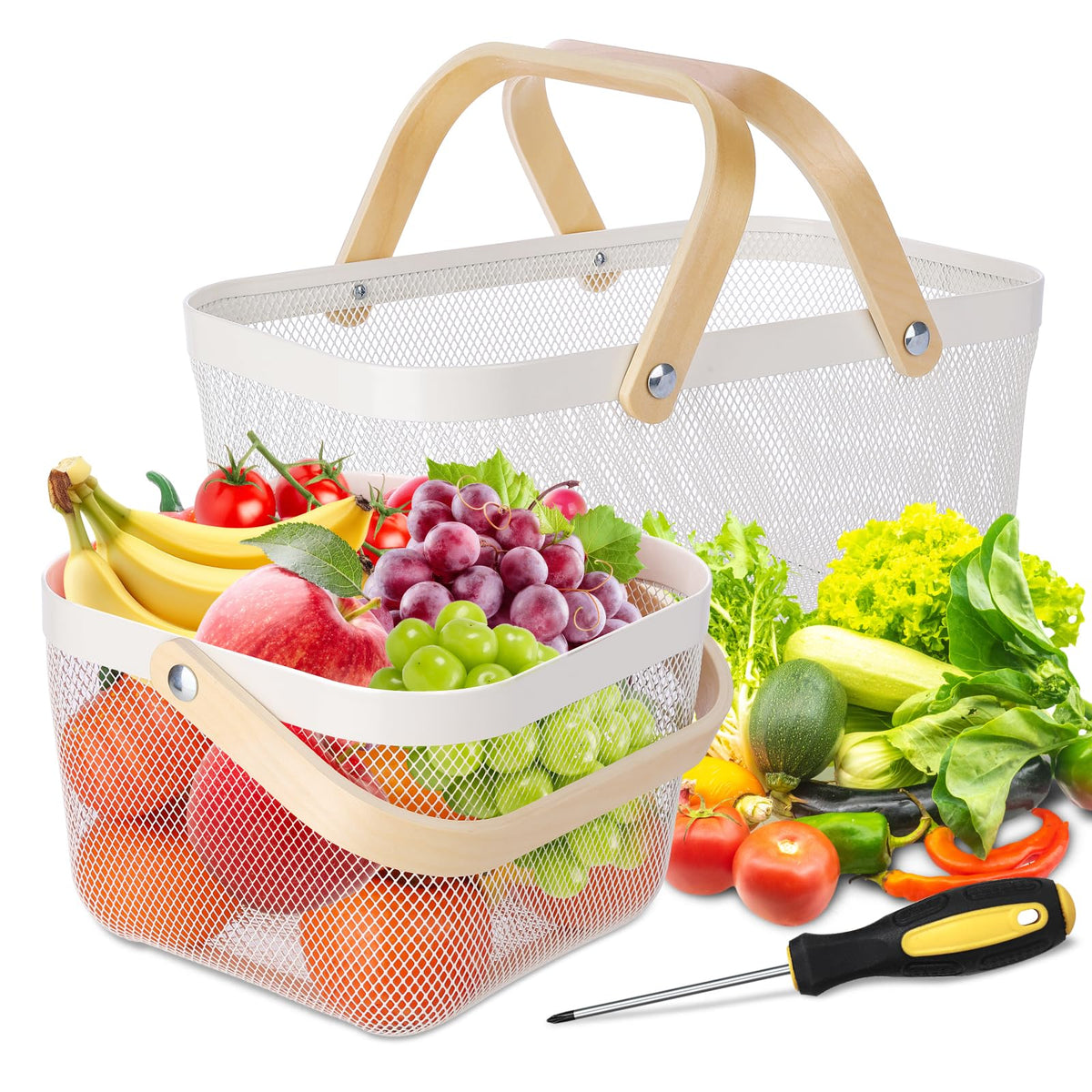 Dualshine front view of two white metal mesh baskets showing set and design benefits