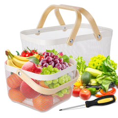 Dualshine front view of two white metal mesh baskets showing set and design benefits