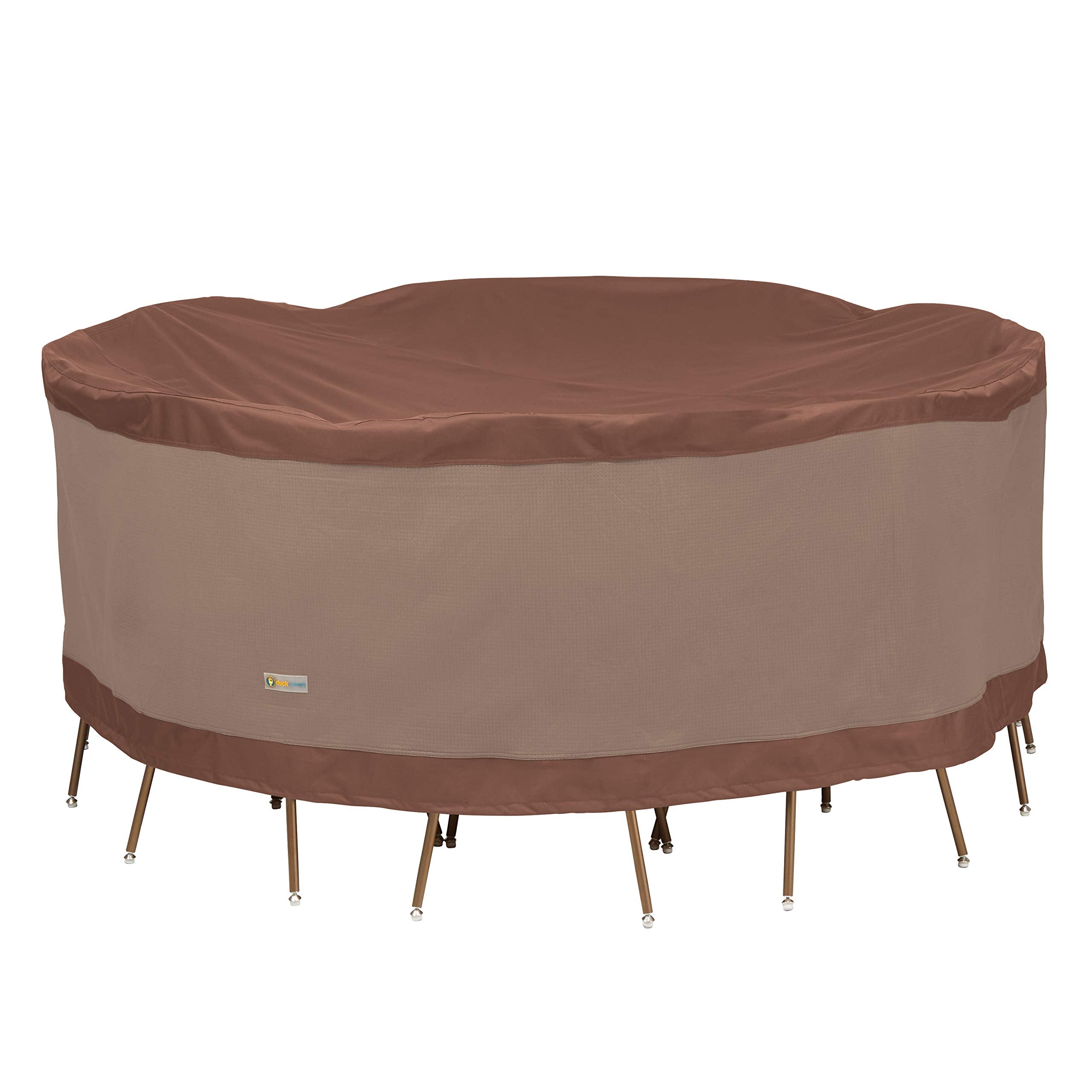 Duck Covers front packaging showing fit for 108-inch round set and benefit of protection