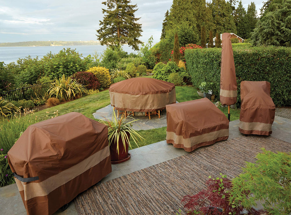 Duck Covers installed over patio table and six chairs for full protection