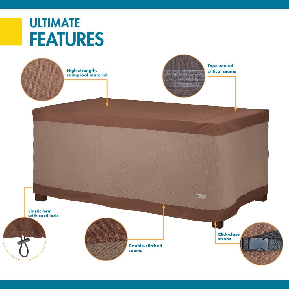 Duck Covers next to measuring tape showing fit up to 84x44x32 inches