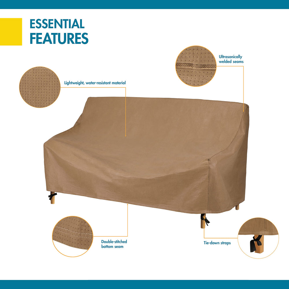 Duck Covers cover installed on patio sofa demonstrating all-around coverage