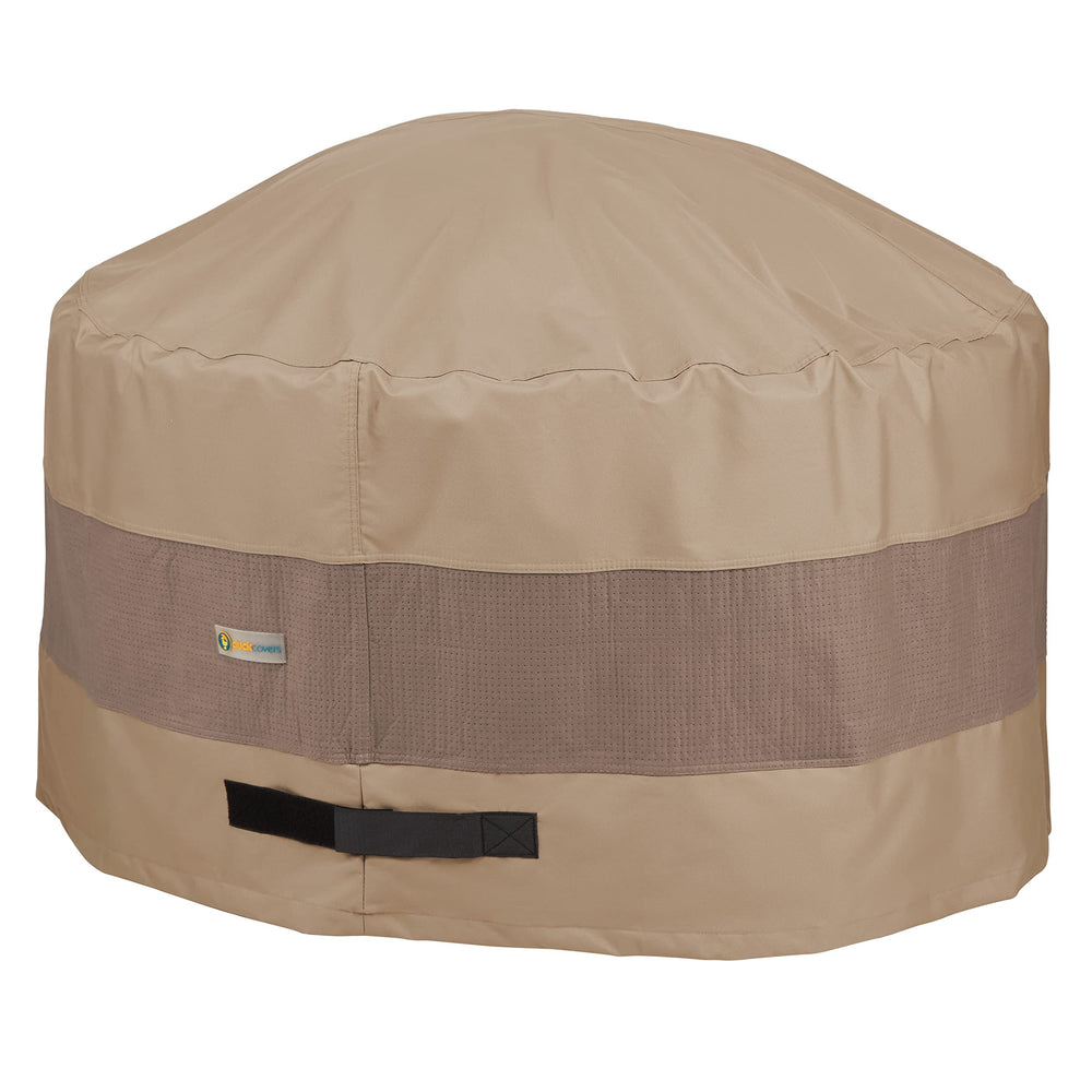 Duck Covers front view of 50 inch round cover protecting fire pit