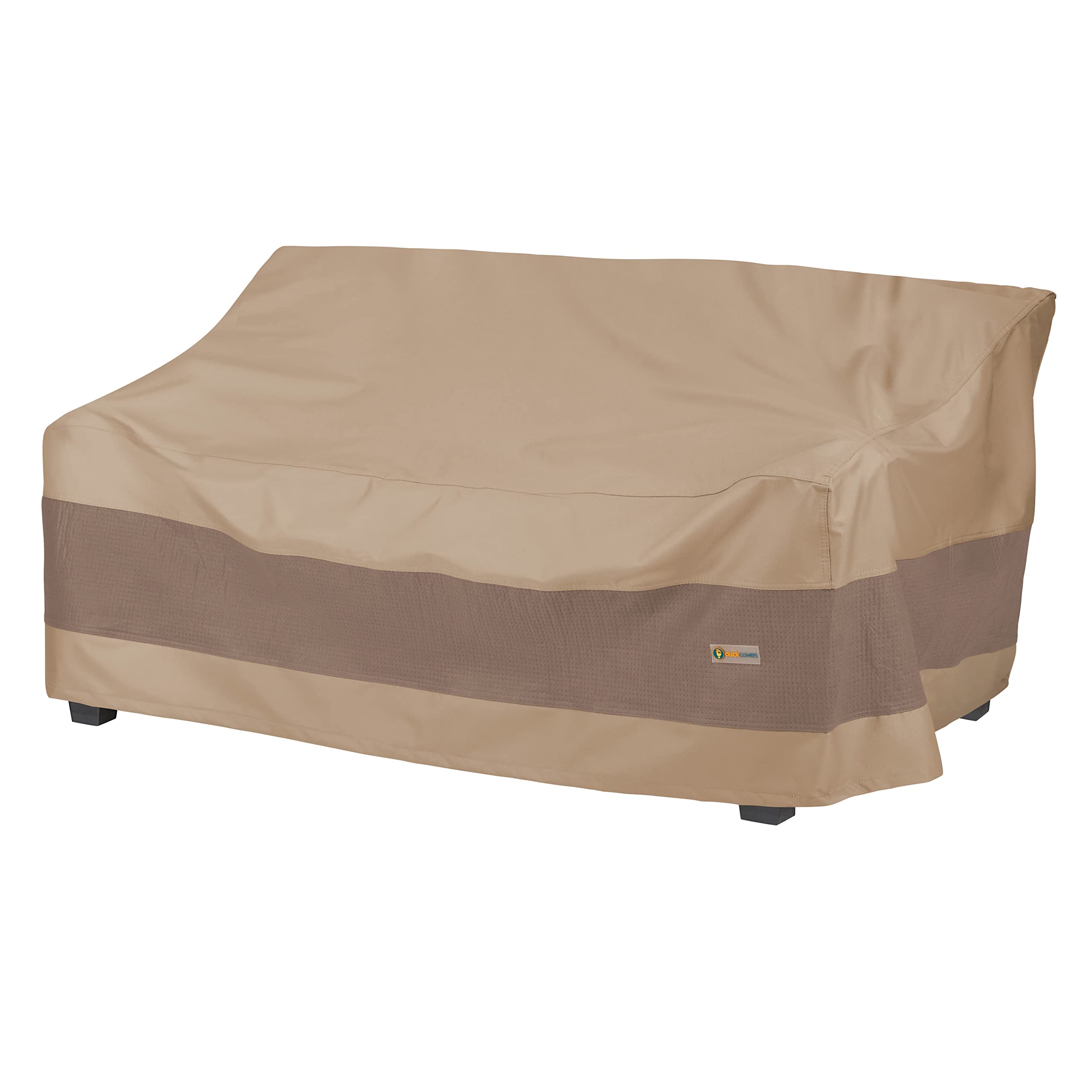 Duck Covers front view on patio sofa showing full coverage and protection