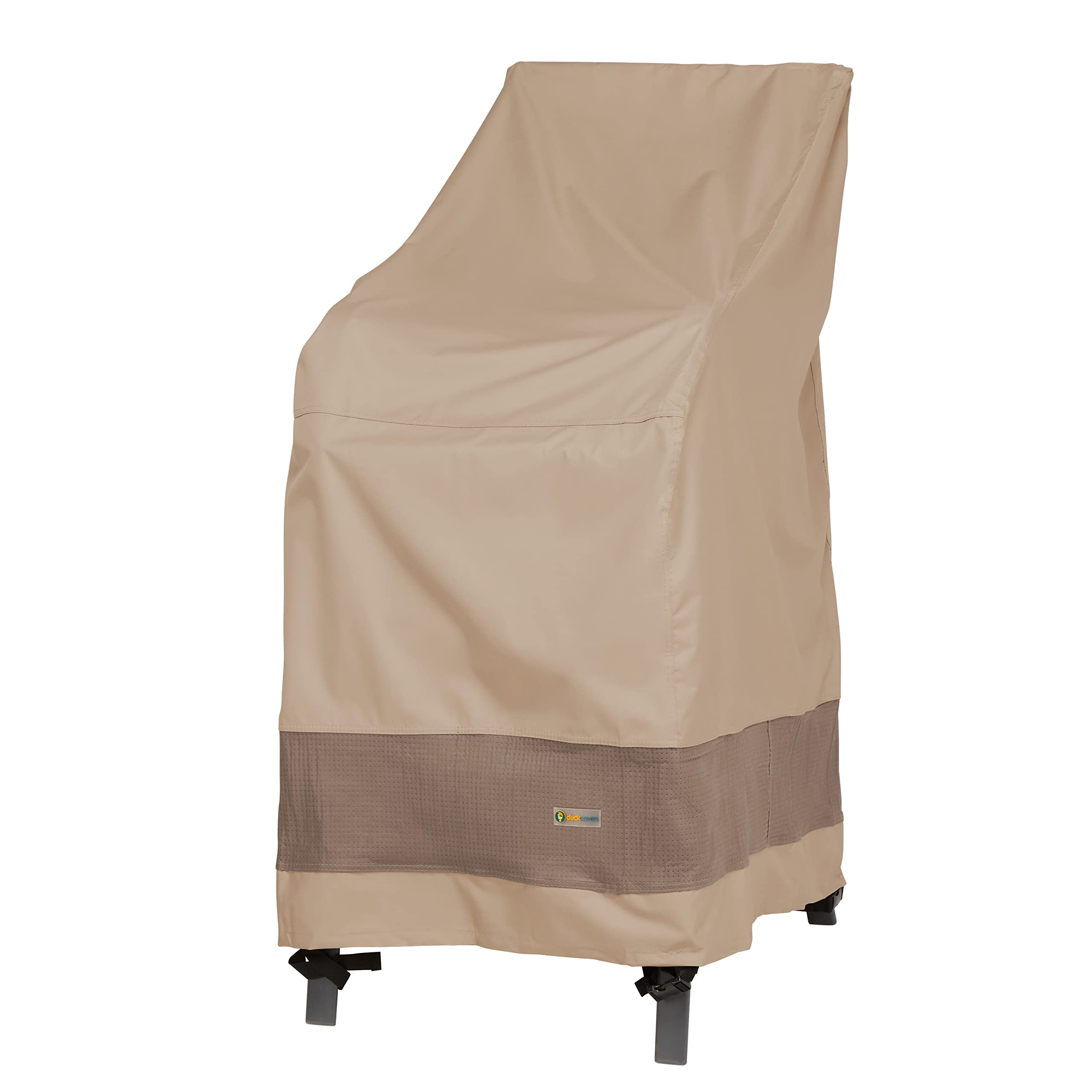 Duck Covers front view showing full cover protecting stacked chairs and resisting rain