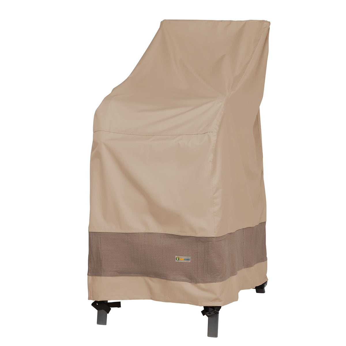 Duck Covers front view showing full cover protecting stacked chairs and resisting rain