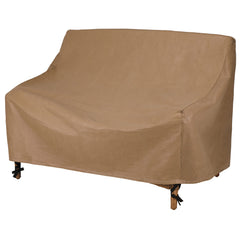Duck Covers front view showing full loveseat coverage and quick installation benefit