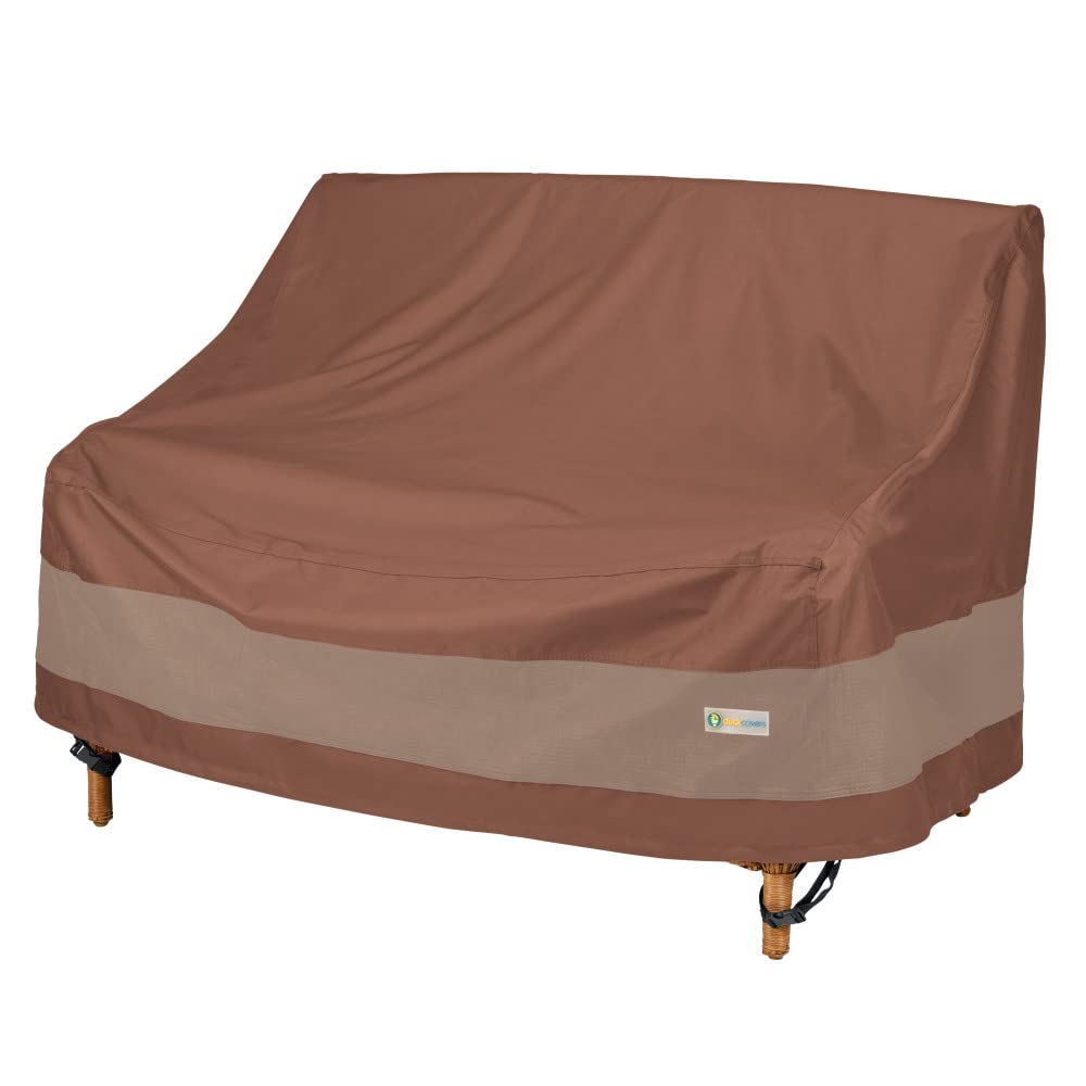 Duck Covers front view of loveseat cover protecting furniture outdoors