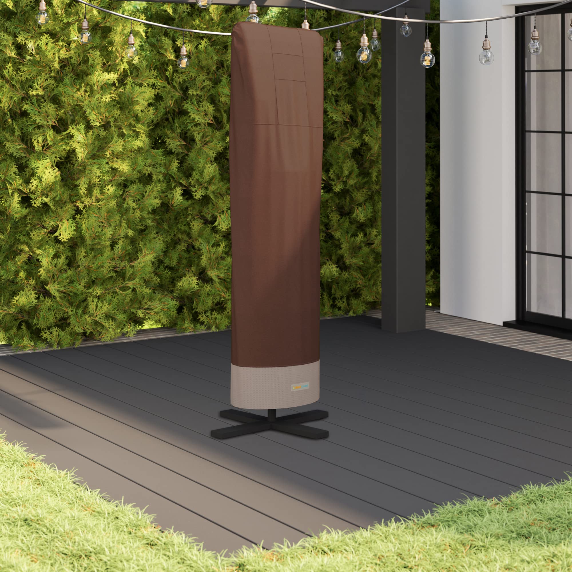 Duck Covers mocha cover in patio setting enhancing outdoor aesthetics