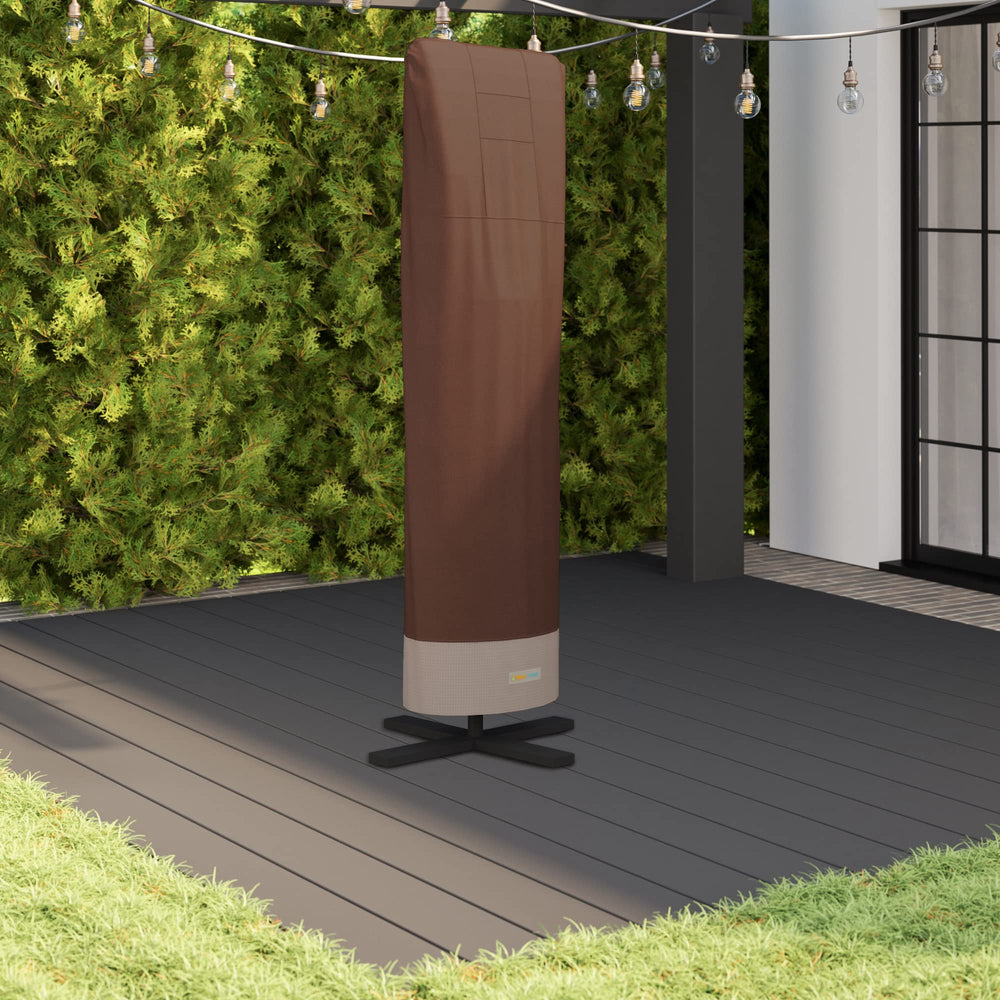 Duck Covers mocha cover in patio setting enhancing outdoor aesthetics