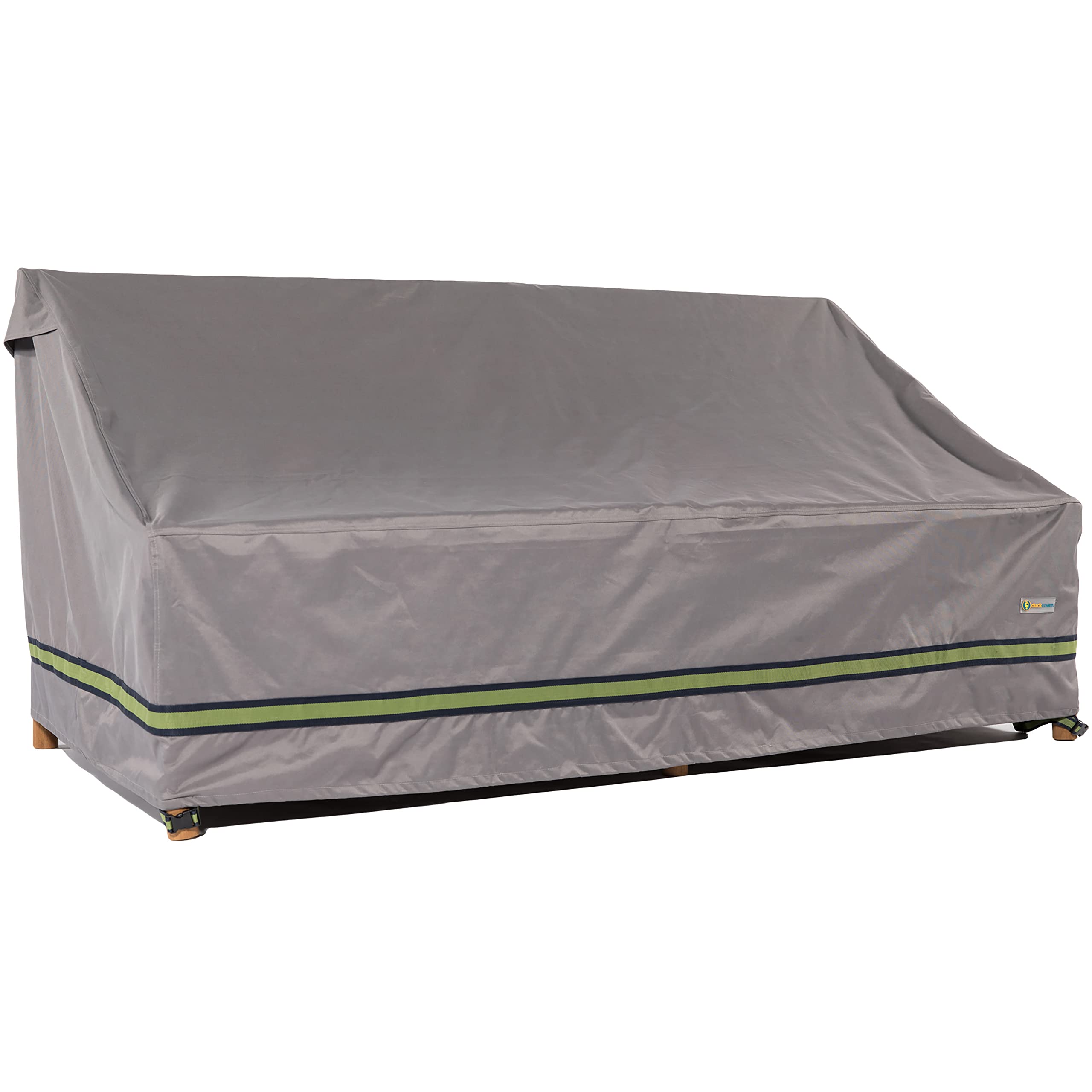 Duck Covers front view of full 87-inch covered patio sofa protecting furniture