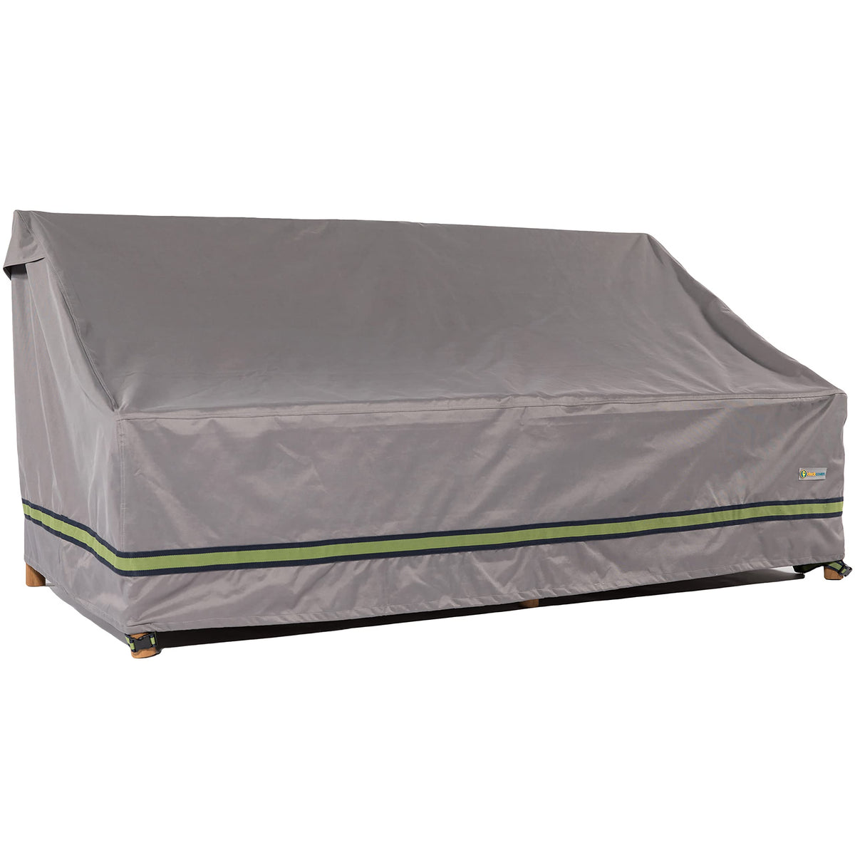 Duck Covers front view of full 87-inch covered patio sofa protecting furniture