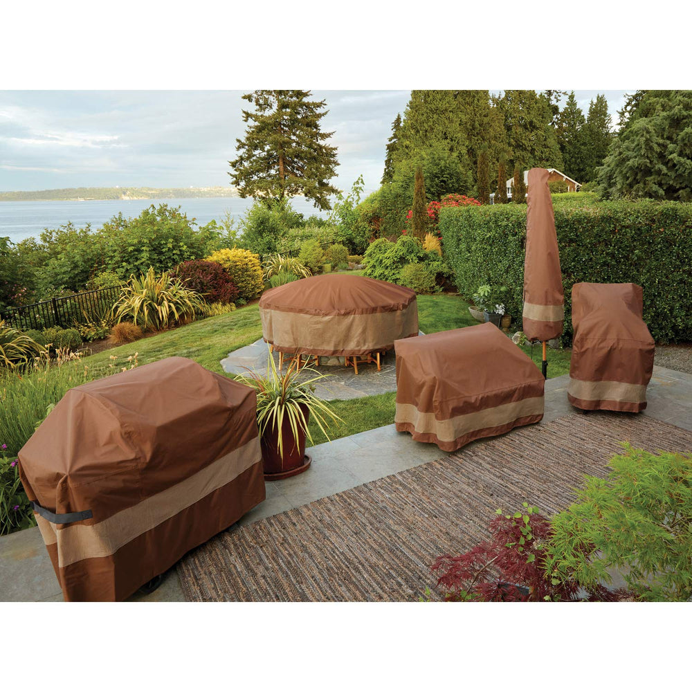 Duck Covers in mocha on a styled patio showing durable weather protection