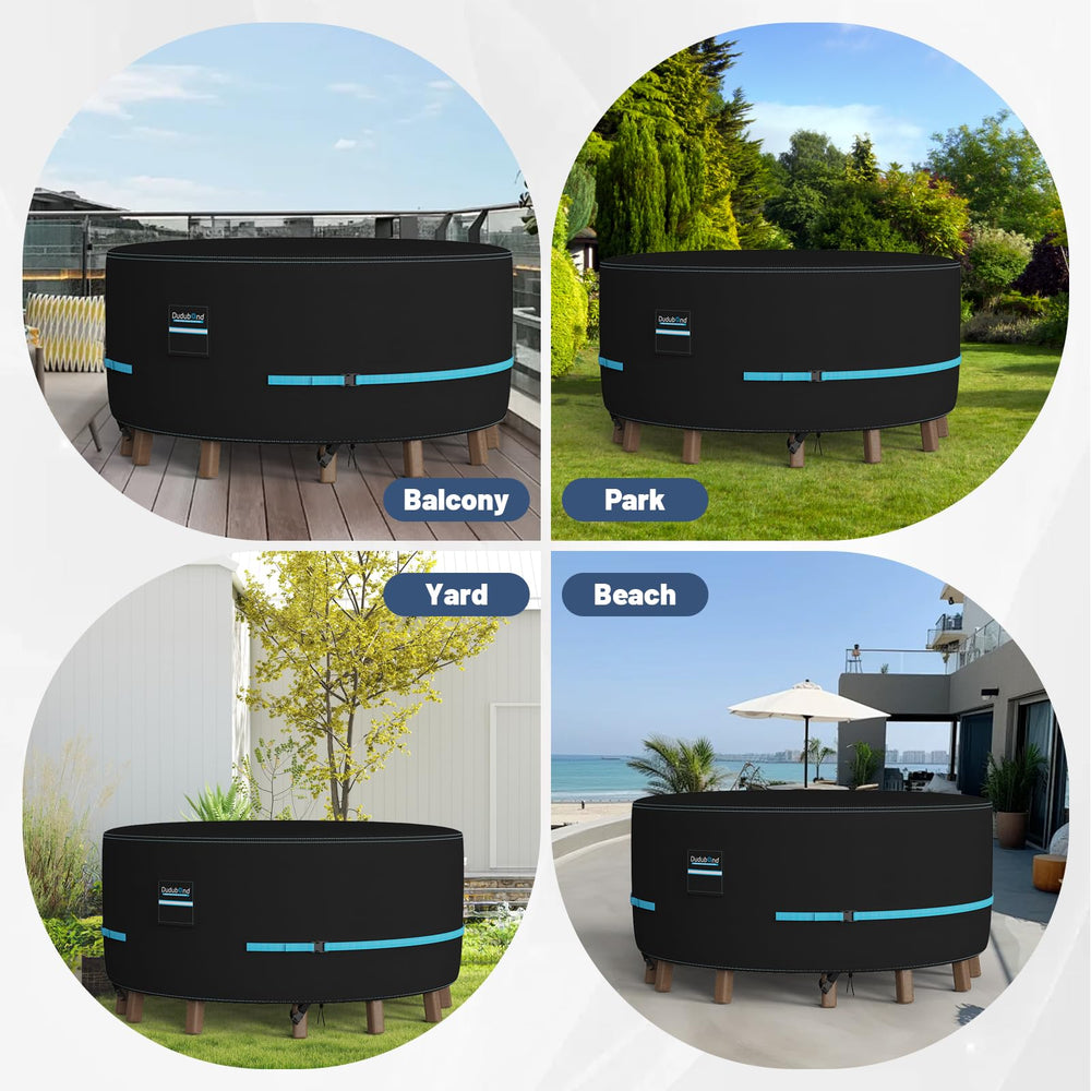 Dudubond cover on patio table demonstrating clean, protected outdoor space
