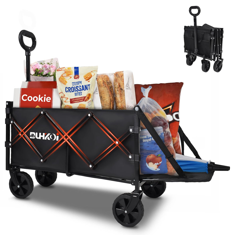 DUHKOI foldable wagon front view showing spacious interior and sturdy frame benefit