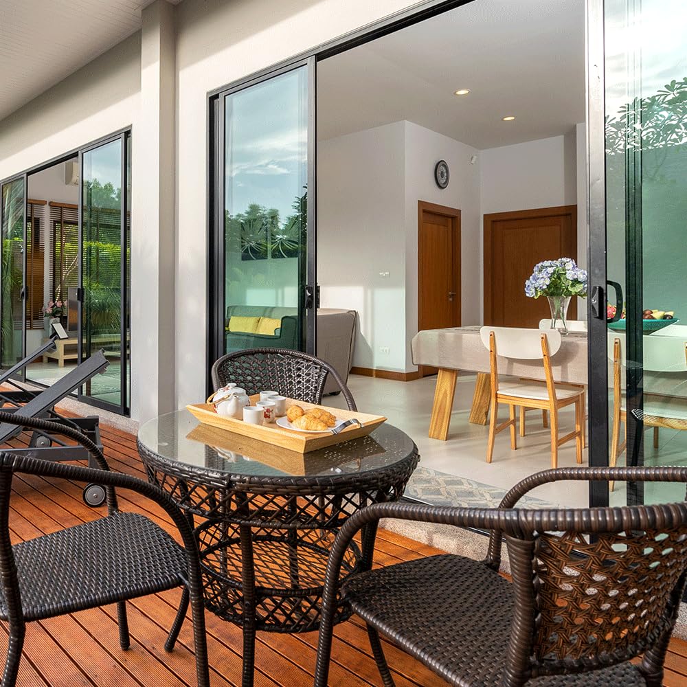 Dulles Glass used on patio table highlighting weather-resistant tabletop benefit