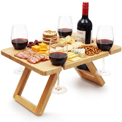 Dumbpec front view open bamboo wine table showing organized serving surface and benefits