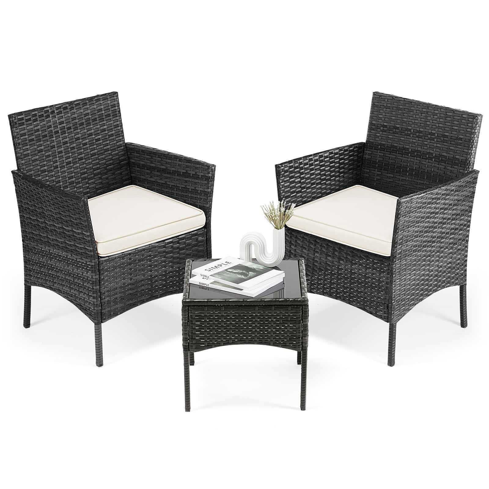 DUMOS front view of black wicker bistro set showing compact seating and modern style