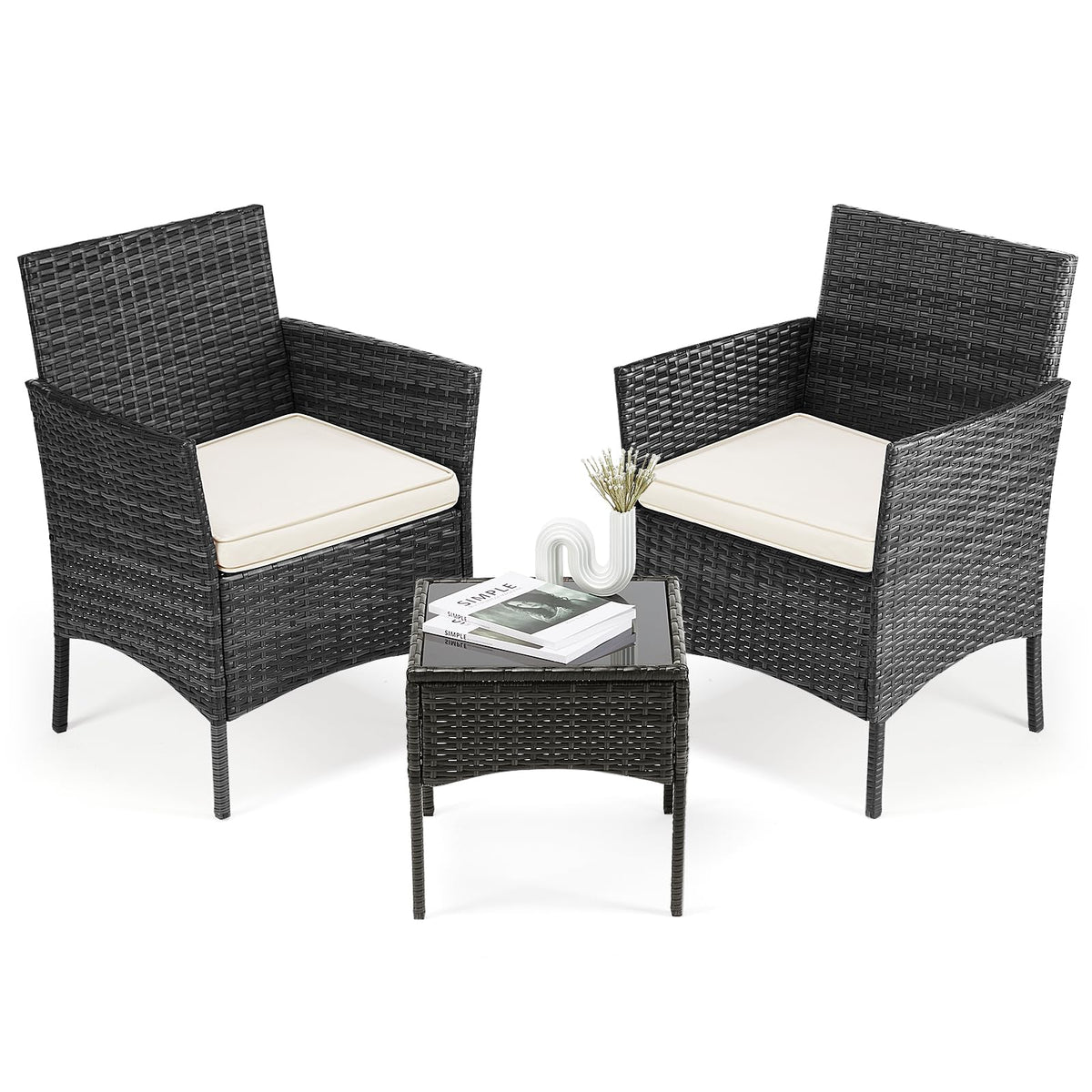 DUMOS front view of black wicker bistro set showing compact seating and modern style