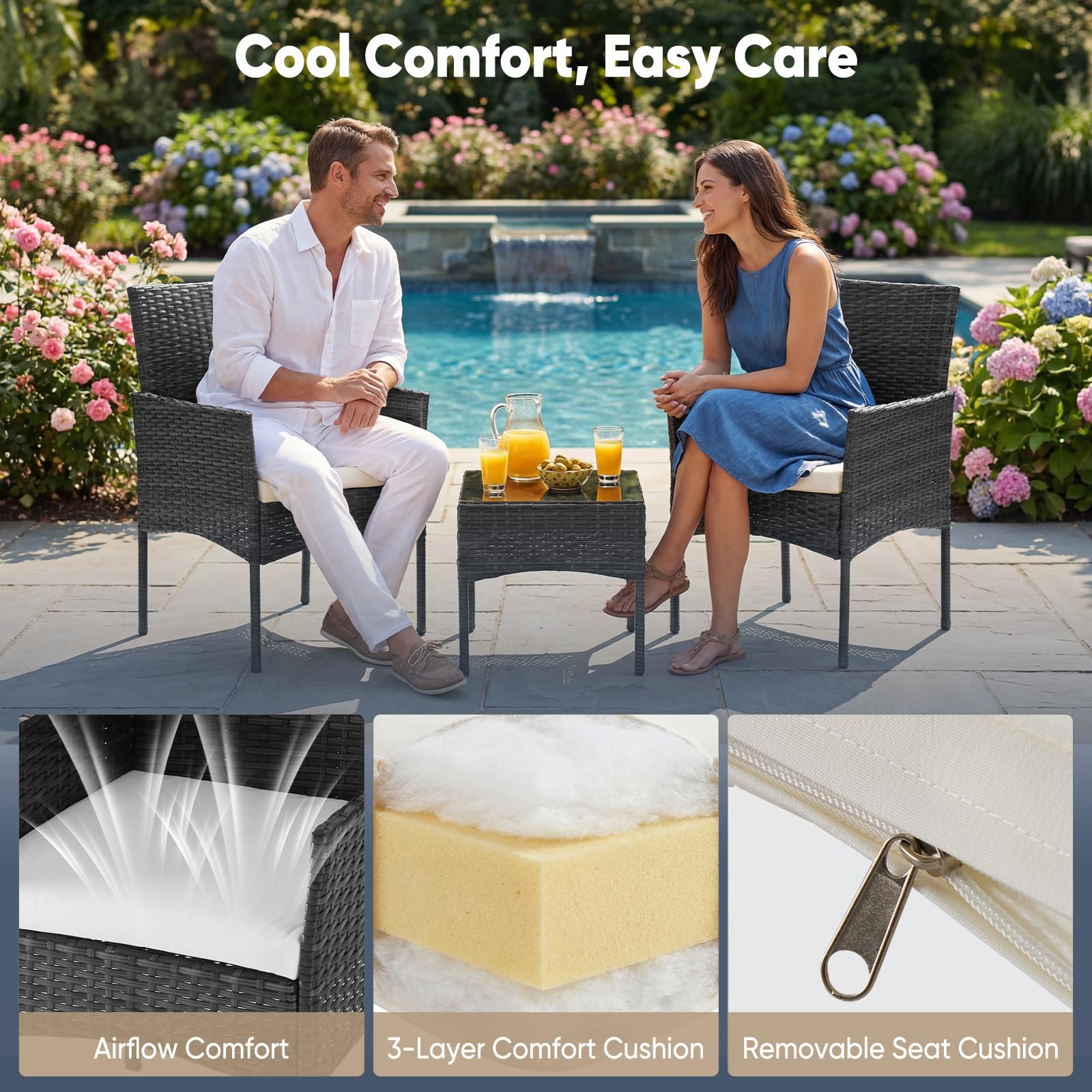 DUMOS chairs angled to show scale and comfortable seating for two people