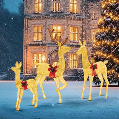 DUMOS front view of three lighted deer showing festive curb appeal