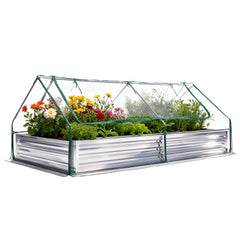 DUMOS front view full setup showing sturdy galvanized bed and clear cover benefit of protected planting
