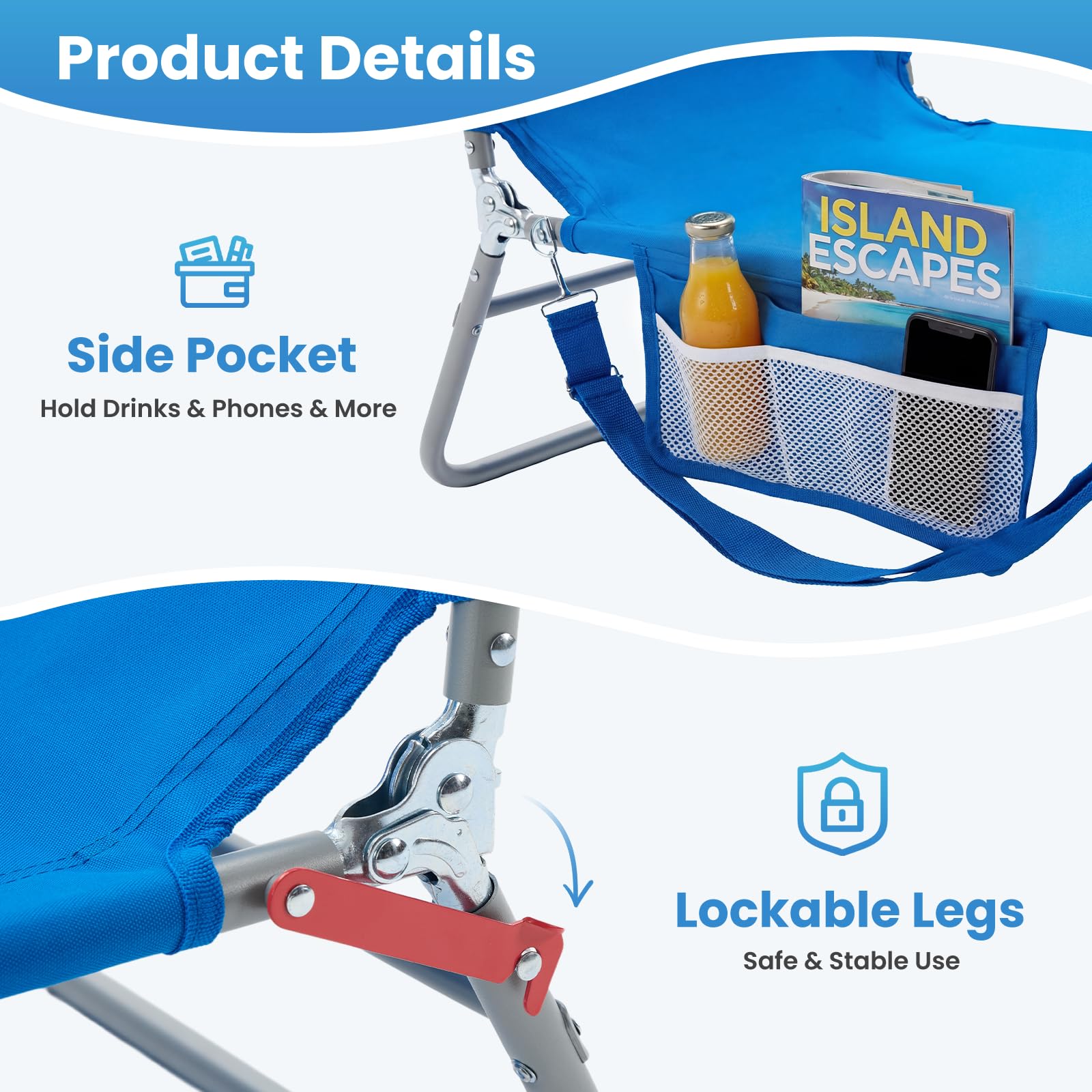 DUMOS lounge chair on beach showing easy setup and relaxation benefit