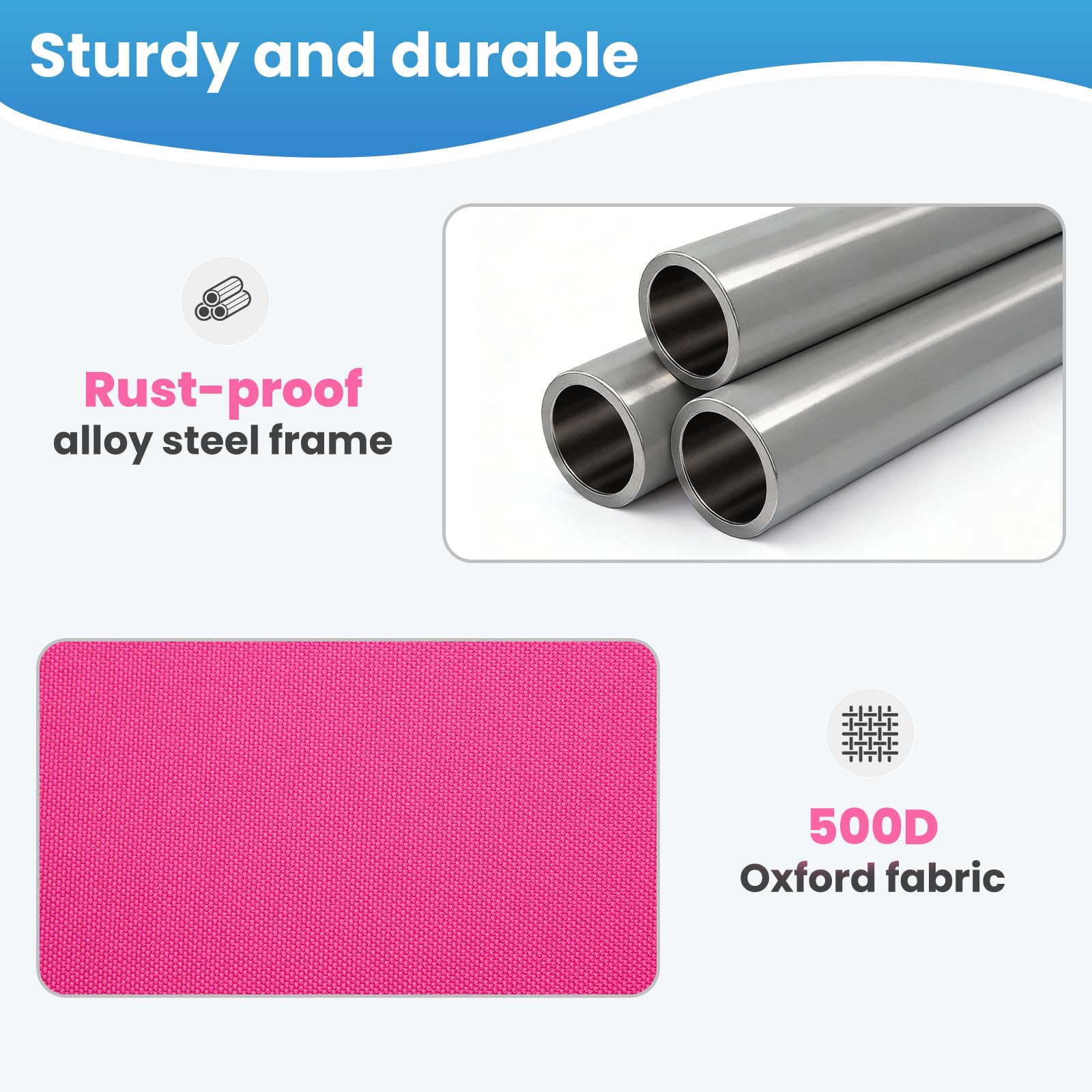 DUMOS alloy steel frame joint closeup highlighting rust-resistant strength