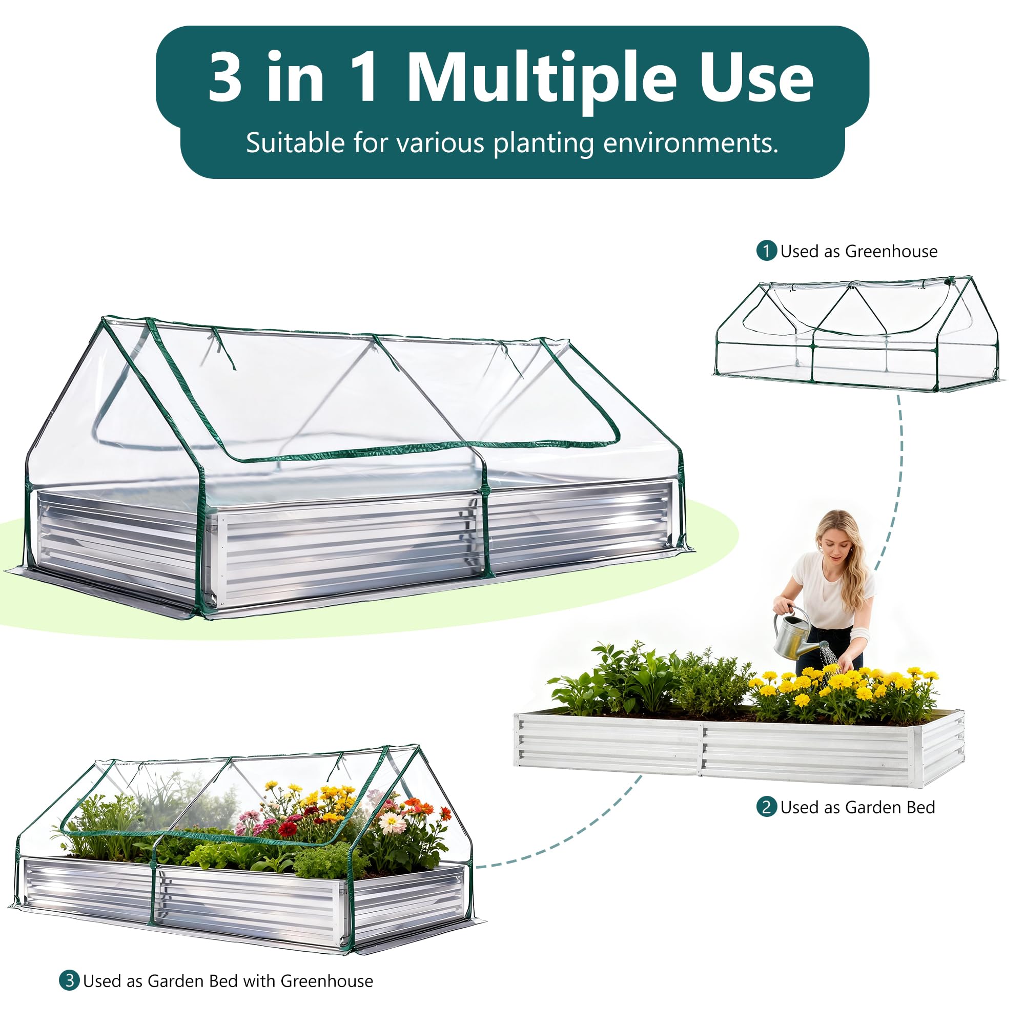 DUMOS scale with gardener and tools showing 8x4ft size and easy-access gardening benefit