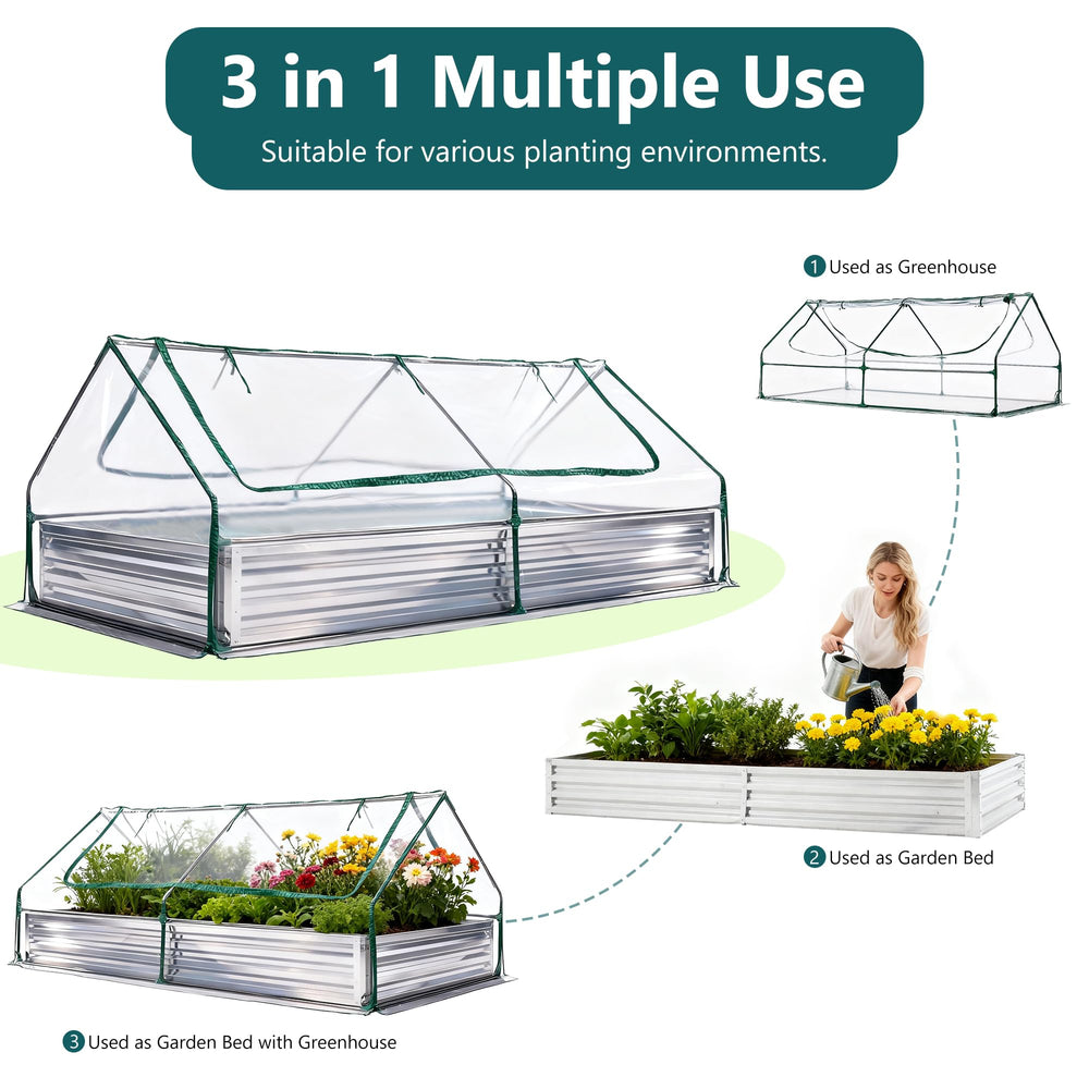 DUMOS scale with gardener and tools showing 8x4ft size and easy-access gardening benefit