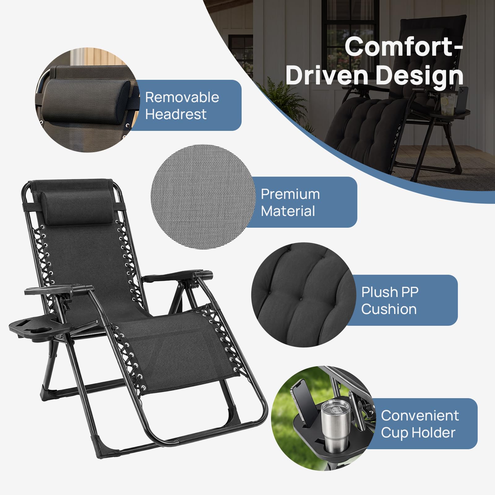 DUMOS chair next to a standard lawn chair showing size and scale