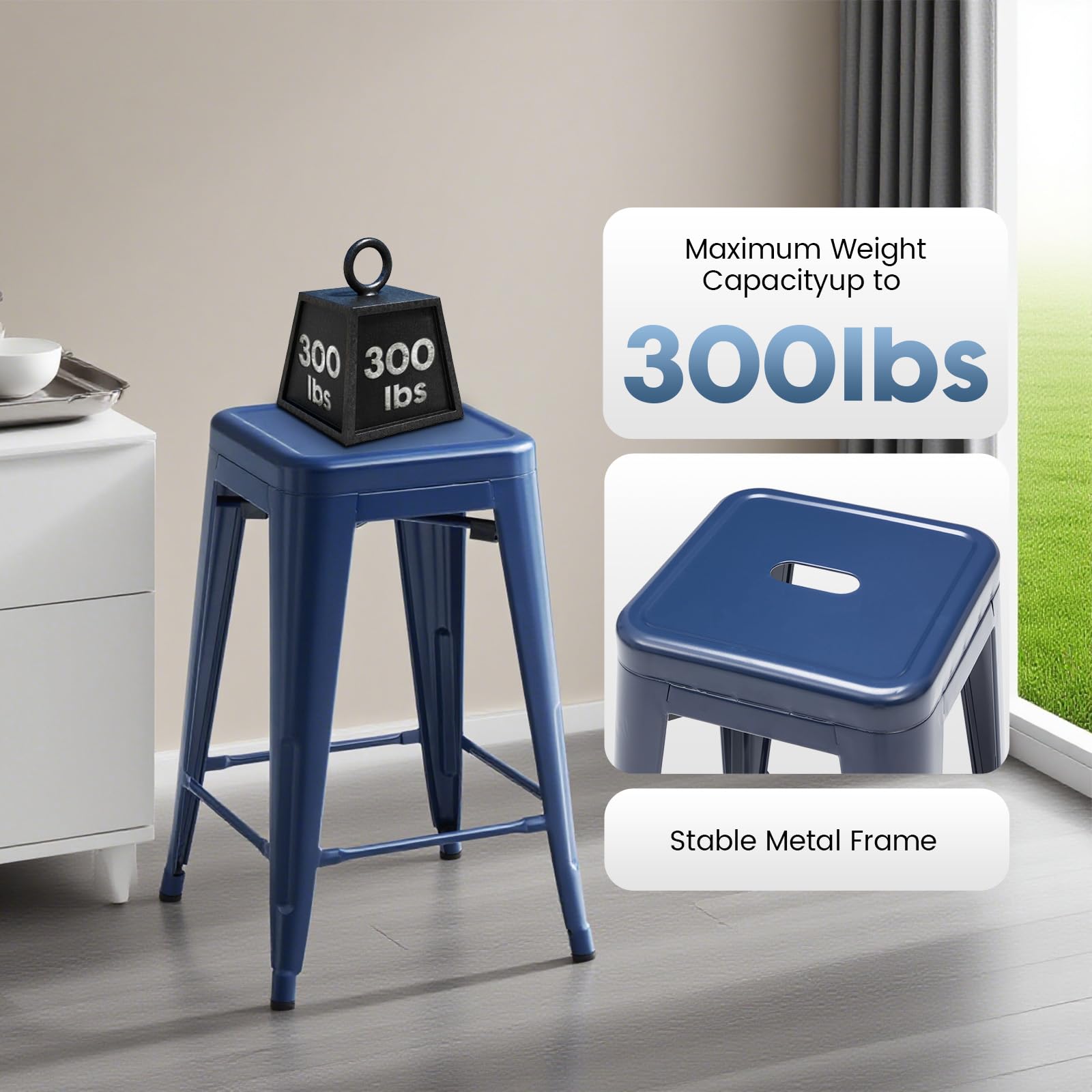DUMOS stool side profile emphasizing built-in footrest for ergonomic comfort