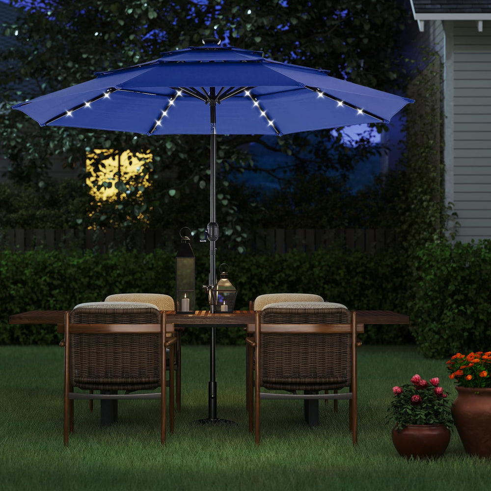 DUMOS umbrella over patio table illustrating dining comfort