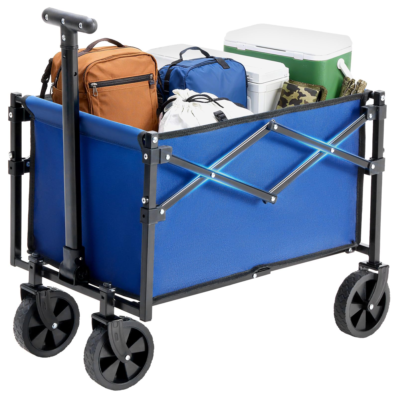 DUMOS wagon front view showing roomy cargo and blue fabric benefit portability