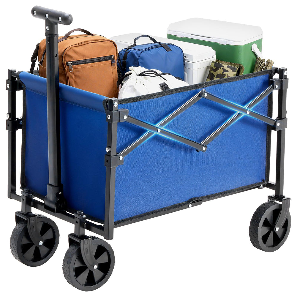 DUMOS wagon front view showing roomy cargo and blue fabric benefit portability