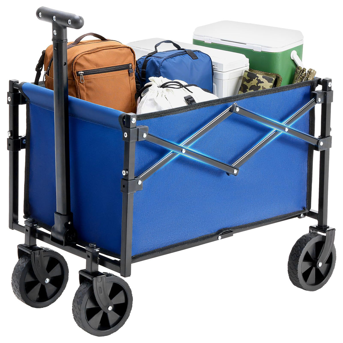 DUMOS wagon front view showing roomy cargo and blue fabric benefit portability