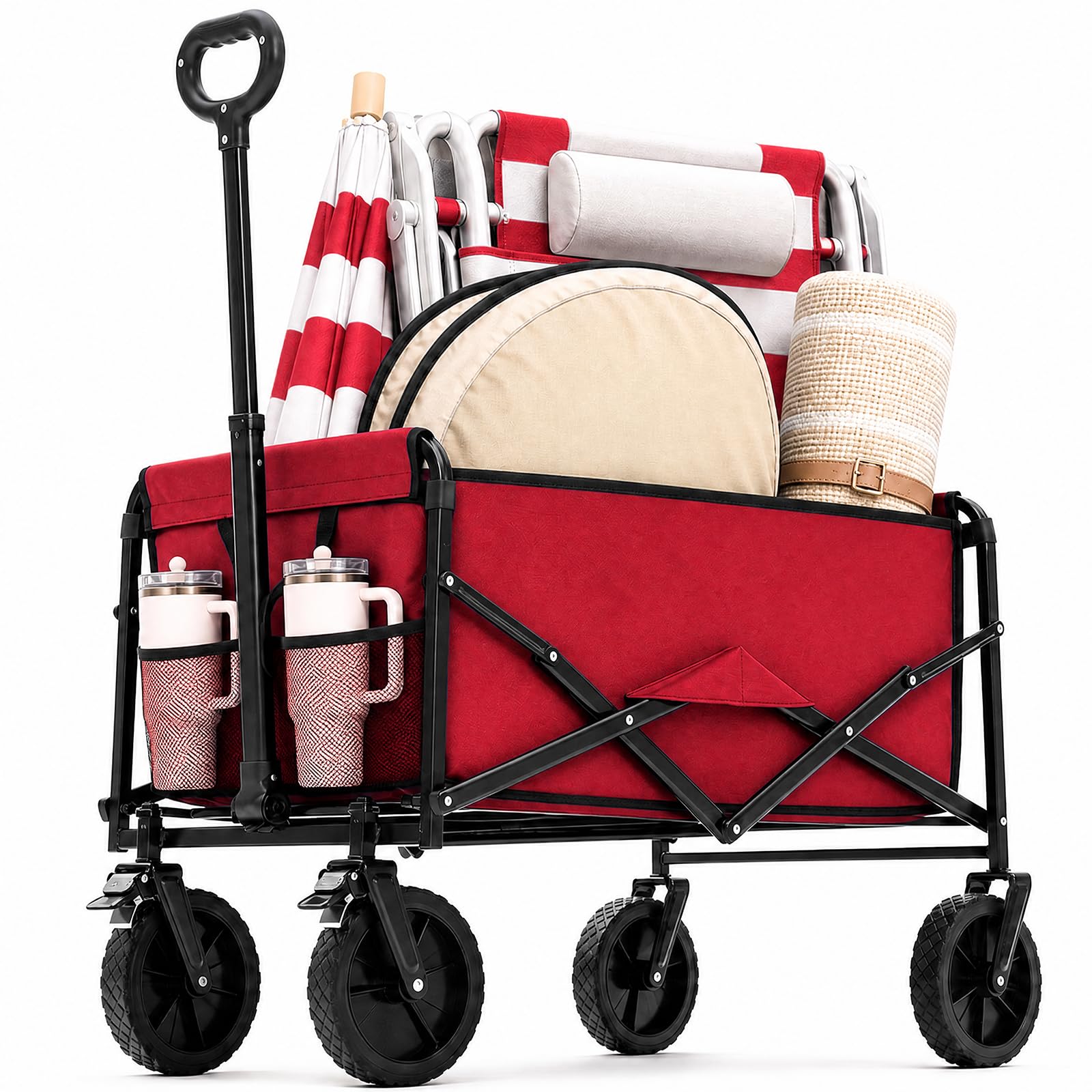 DUMOS red wagon front view showing cargo space and sturdy frame benefit: easy loading