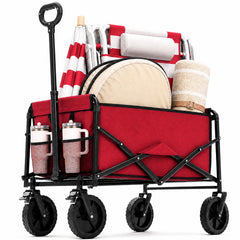 DUMOS red wagon front view showing cargo space and sturdy frame benefit: easy loading