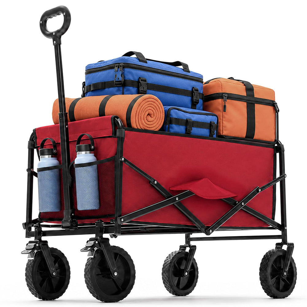 DUMOS wagon front view showing roomy red cargo area and sturdy frame benefit durability