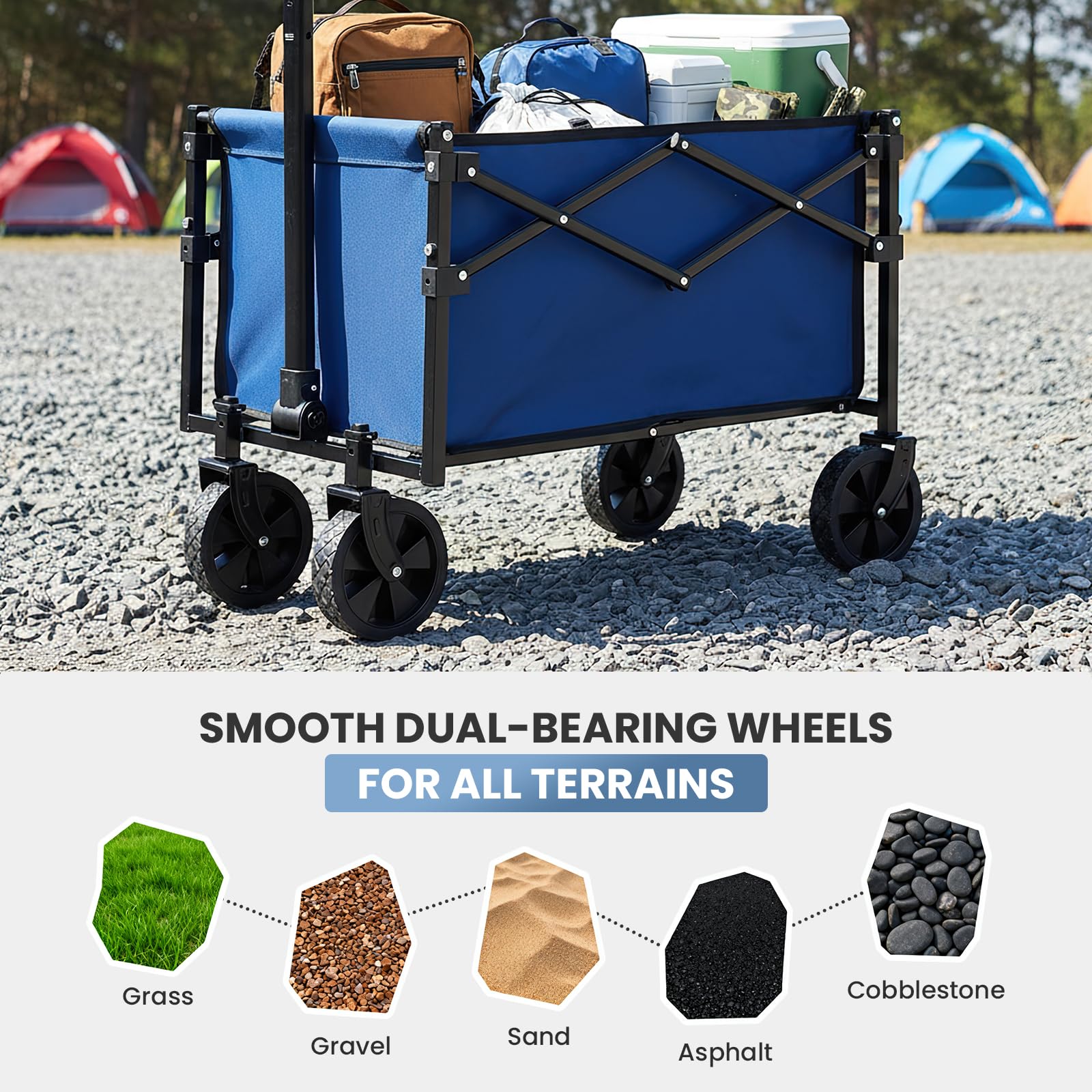 DUMOS wagon loaded on beach demonstrating easy transport of gear benefit
