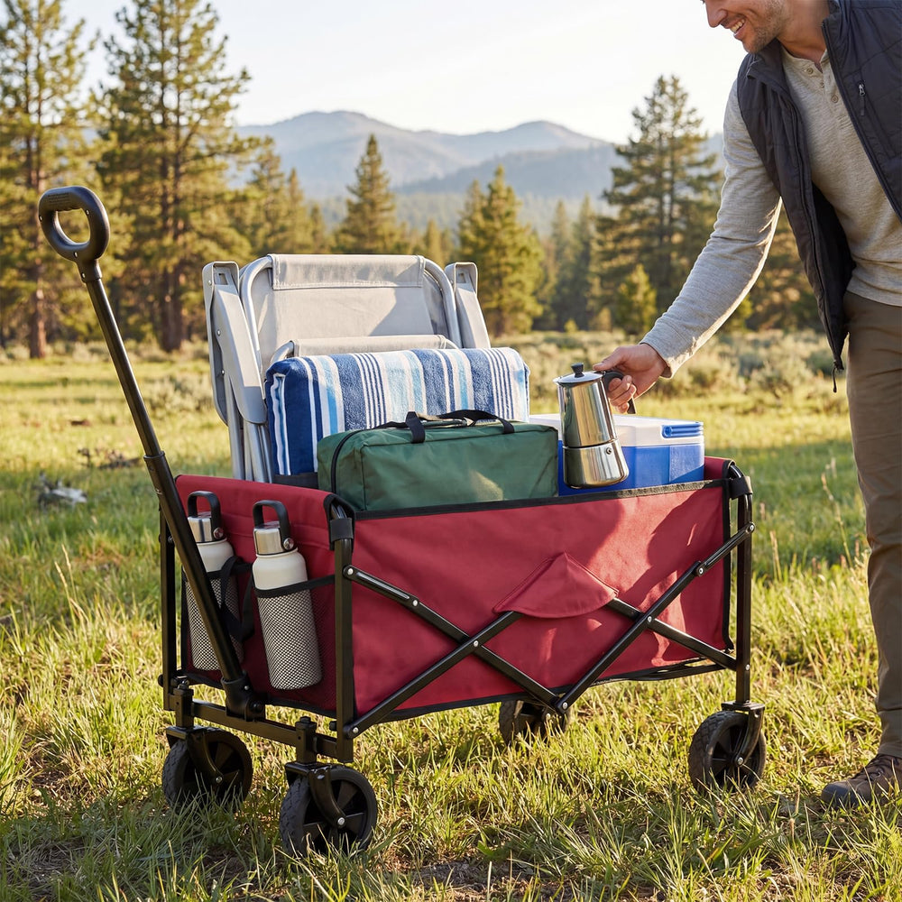 DUMOS wagon next to person for scale benefit: clear size and capacity reference