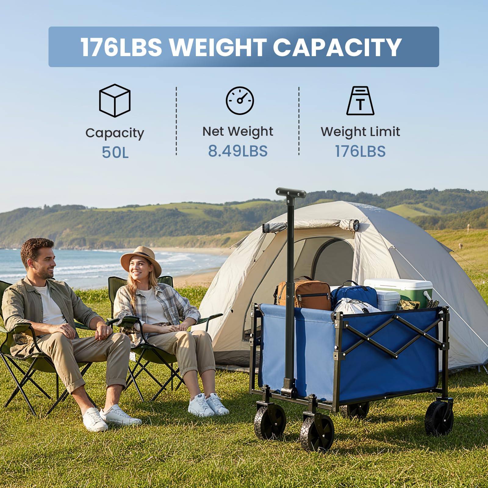 DUMOS wagon next to a backpack showing size and capacity comparison benefit