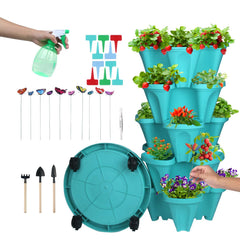 DUNCHATY front view of teal planter tower showing six tiers and mobility benefit
