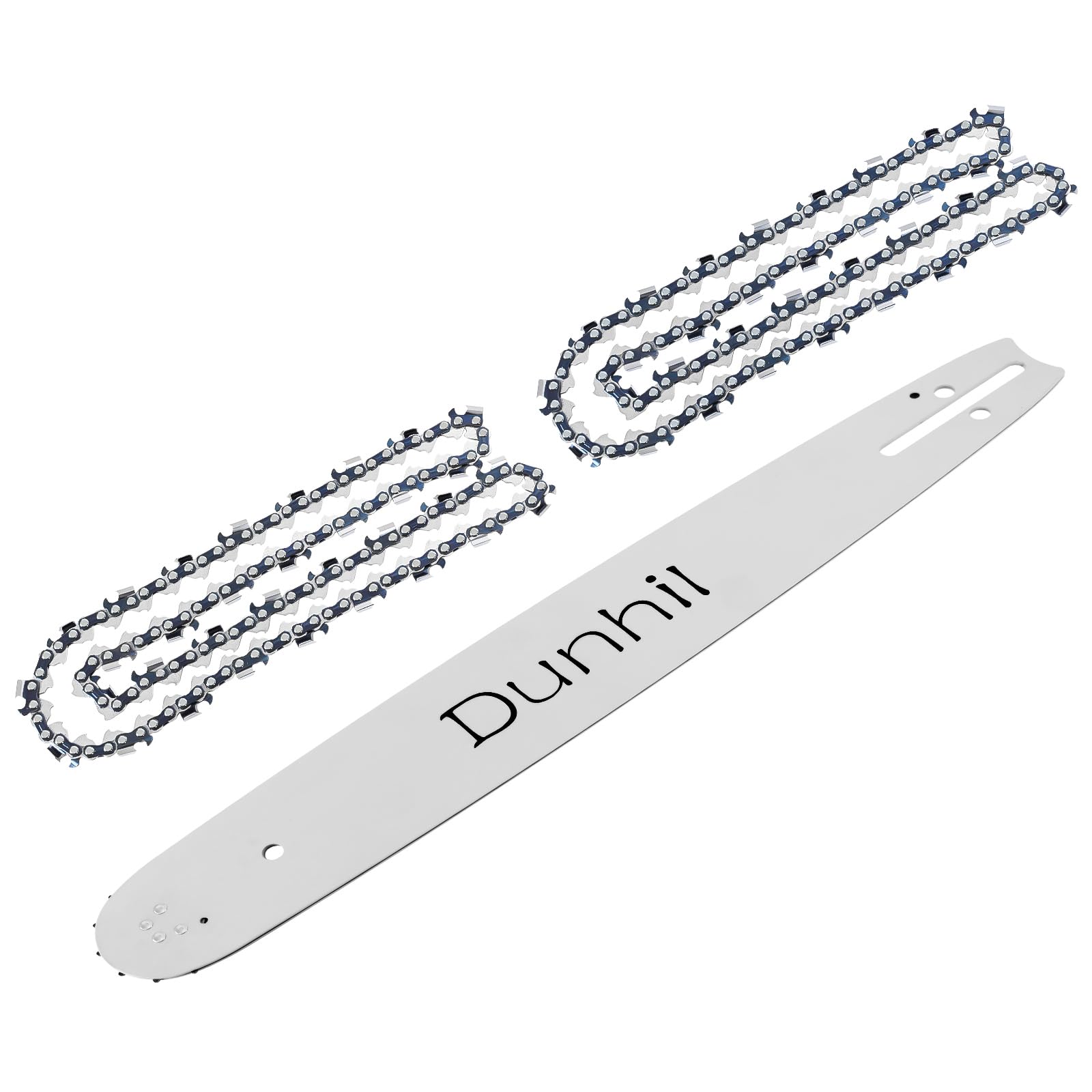 Dunhil front packaging showing 16-inch bar and two chains, clear fit information