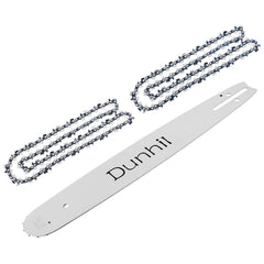 Dunhil front packaging showing 16-inch bar and two chains, clear fit information
