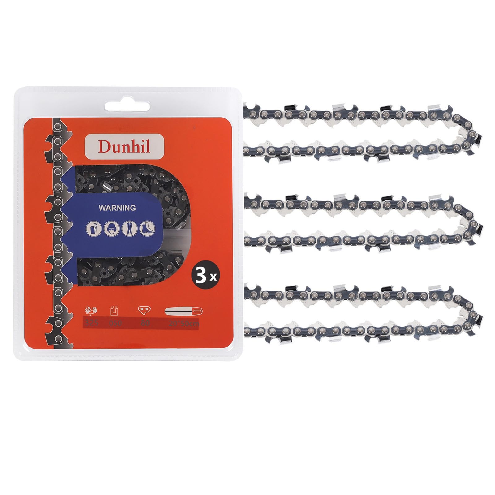 Dunhil 3-pack front view showing three boxed 20-inch chains for quick replacement