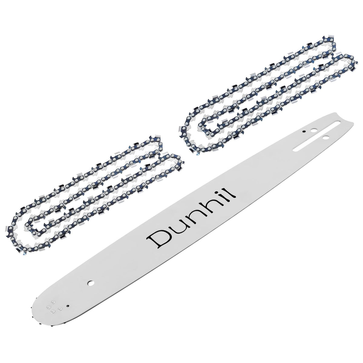 Dunhil guide bar and two chains front view showing complete replacement kit benefits