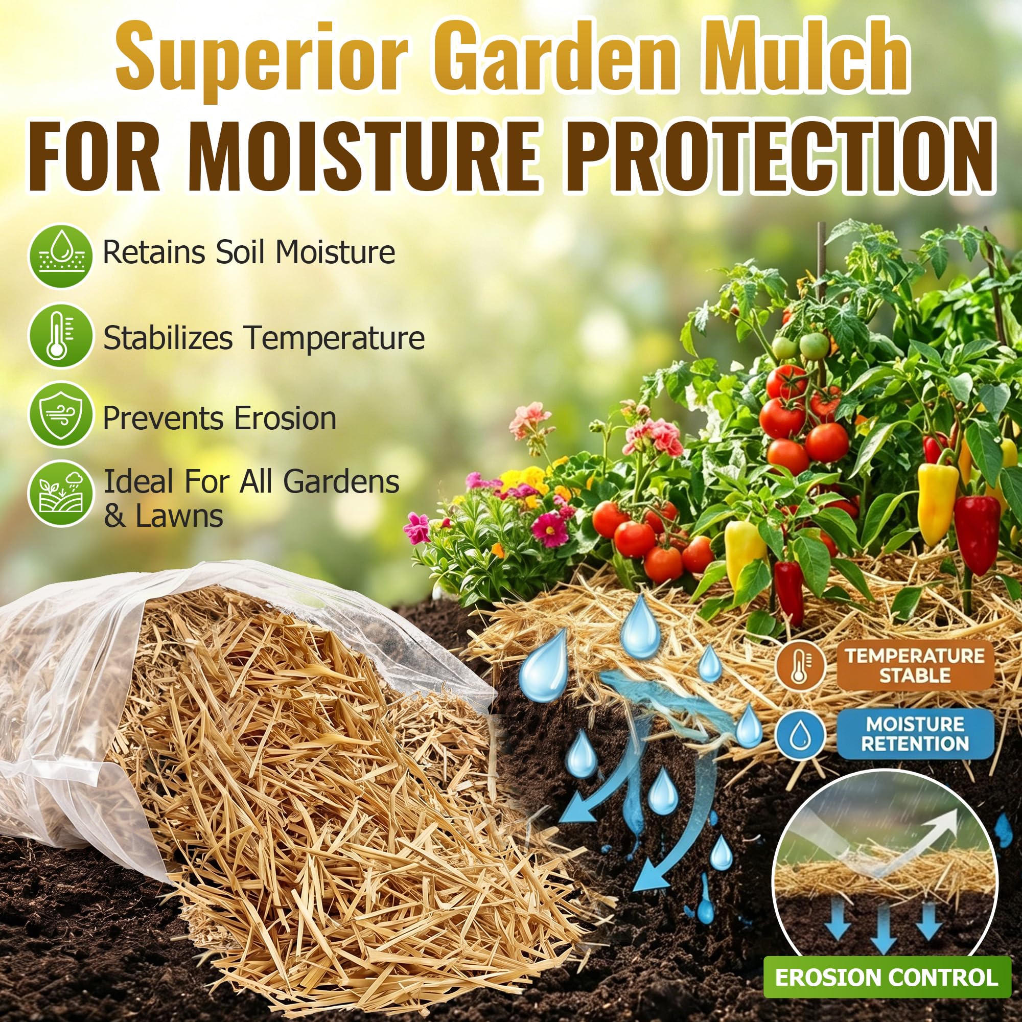 dunkive bale in garden bed protecting seeds and retaining soil moisture benefit